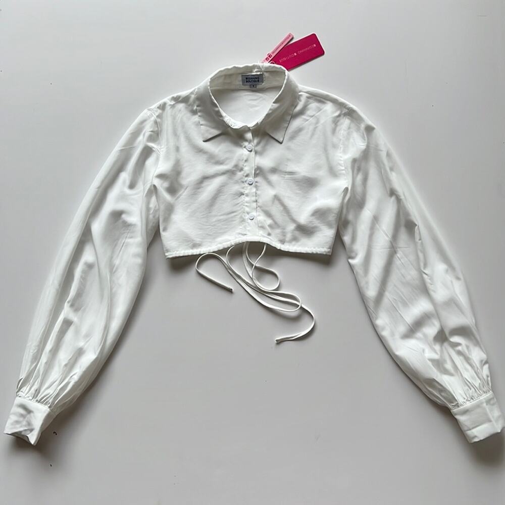 Beginning Boutique Long Sleeve Crop Blouse with Open Back in White